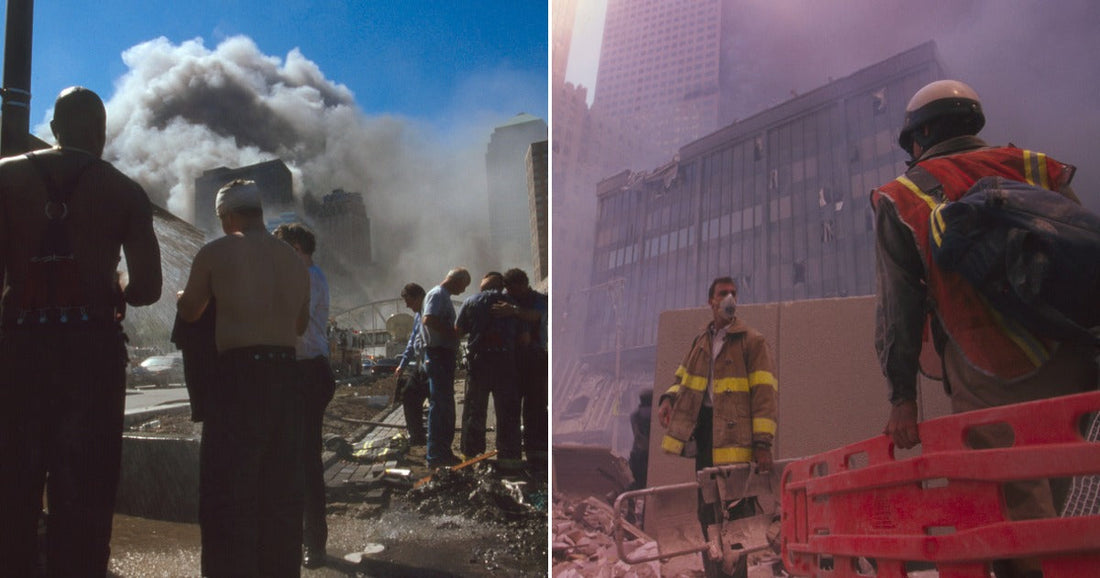 On the left, people stand on a smoky urban street watching a large building burn; on the right, rescue workers in gear pick through rubble.