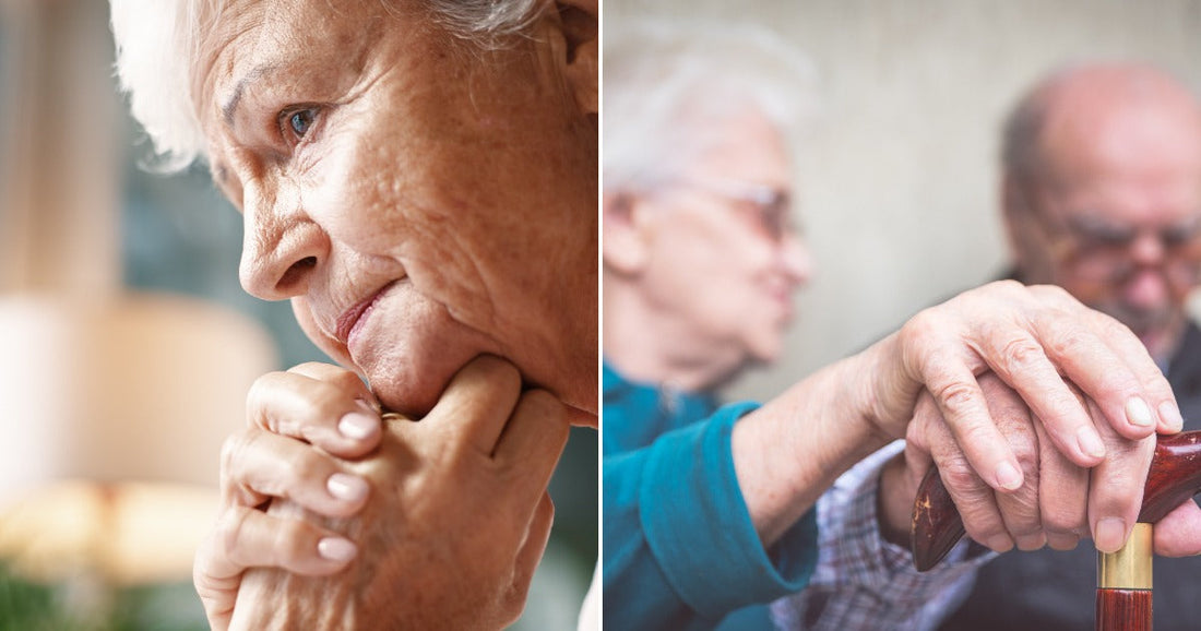 On the left, an elderly woman rests her chin on clasped hands, gazing pensively; on the right, an older couple sits together, their hands clasped over a wooden cane.