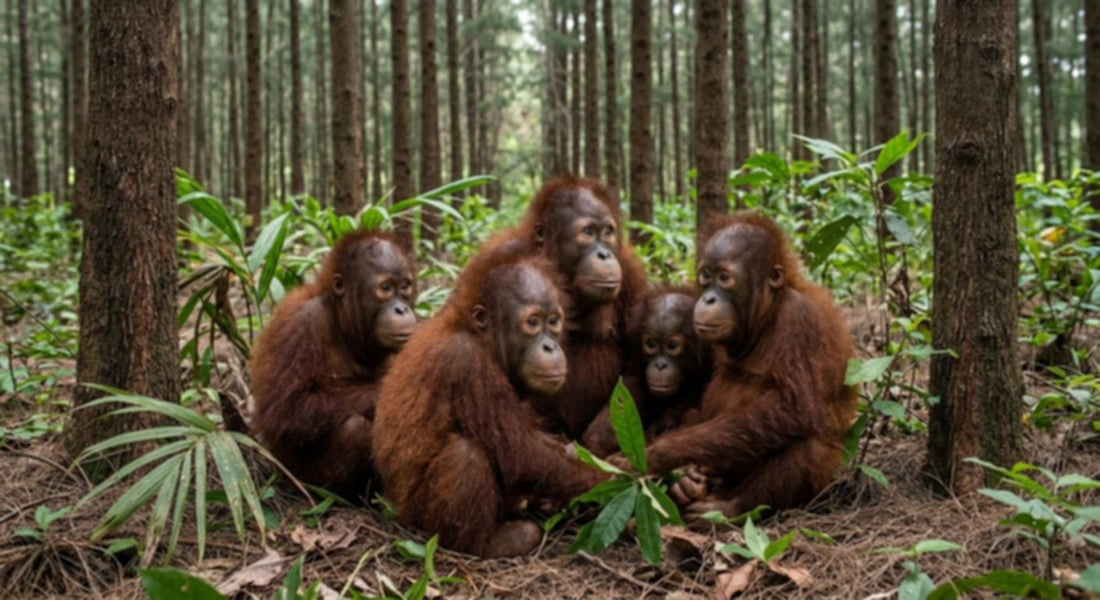 Five young orangutans sit closely together in a lush forest setting.
