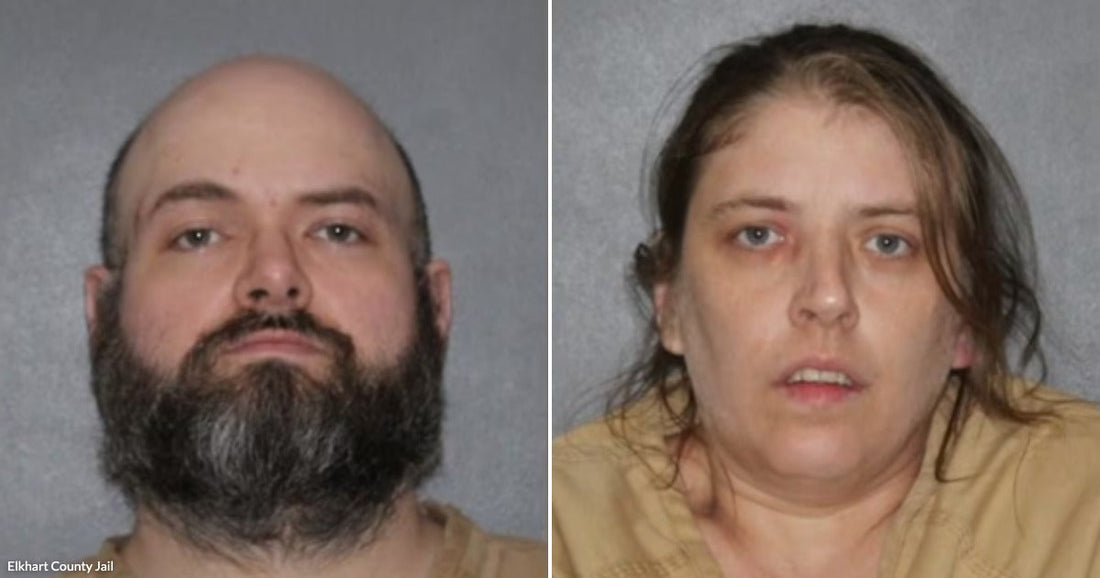 On the left, a bald bearded man faces the camera against a gray background; on the right, a woman with dark hair does the same.