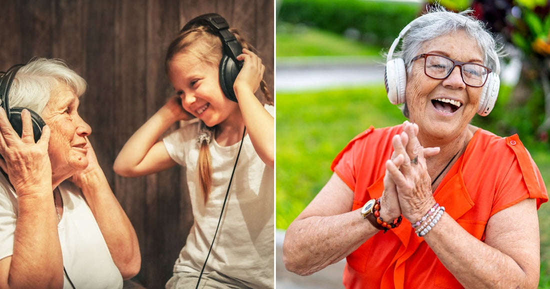 Side-by-side photos show an older woman and girl wearing headphones and another older woman smiling and clapping outdoors.
