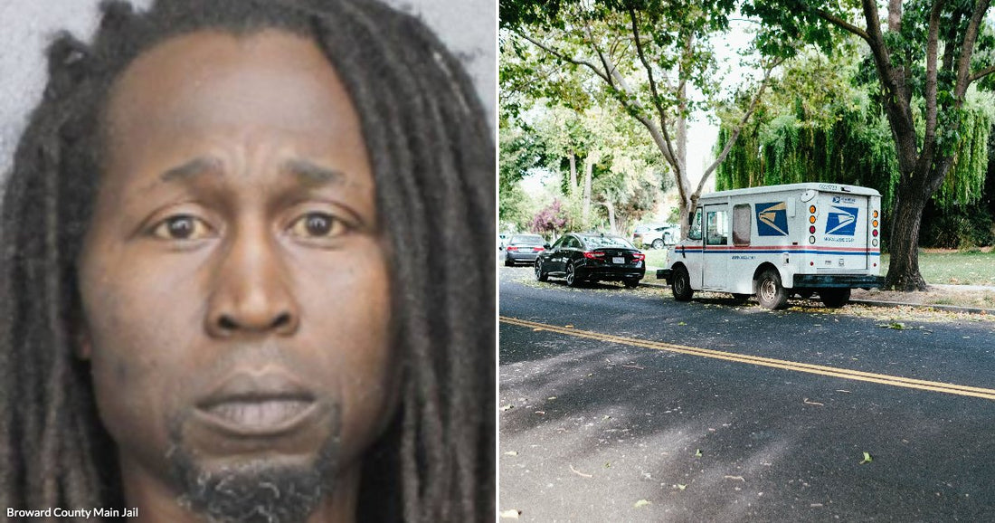 Left: A man with dreadlocks in a mugshot pose. Right: A USPS truck on a suburban street.