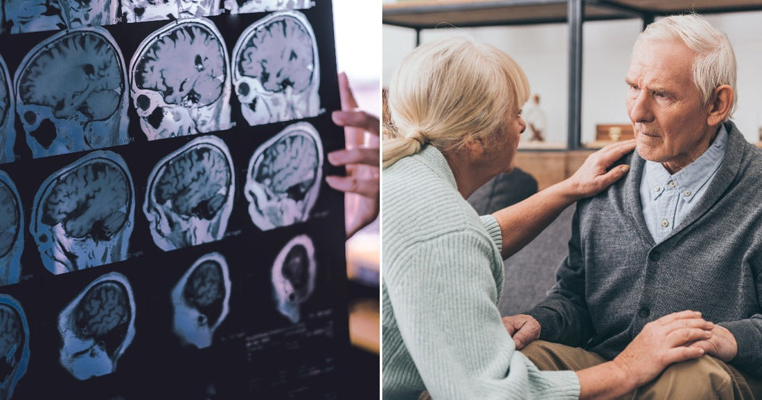 Side-by-side photos of brain MRI scans and an older woman holding an older man’s hand with her other hand on his shoulder.