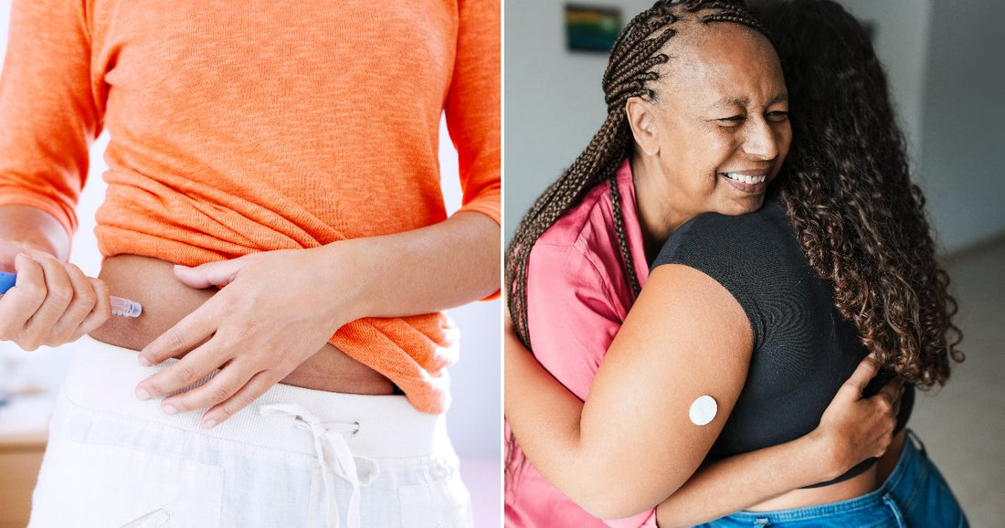 On the left, a person in an orange top administers an injection to their abdomen; on the right, two women share a warm embrace, one wearing a glucose monitor patch.