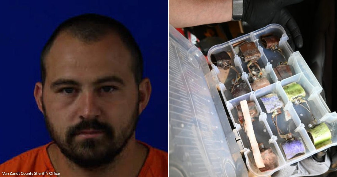 On the left, a man in an orange jumpsuit poses against a blue background; on the right, gloved hands hold a plastic organizer containing small copper components.