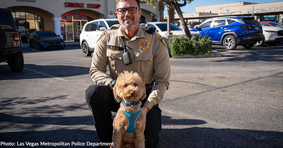 police officer posing with golden puppy in parking lot
