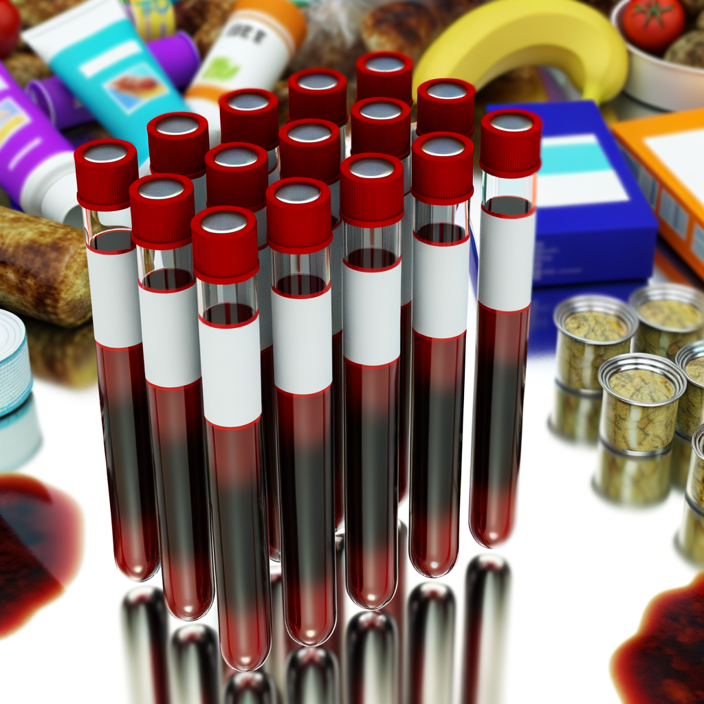 Blood and urine test tubes with ultra-processed food