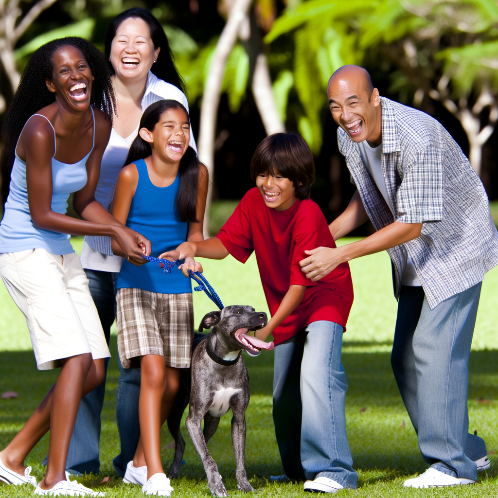 Happy family with dog playing outdoors