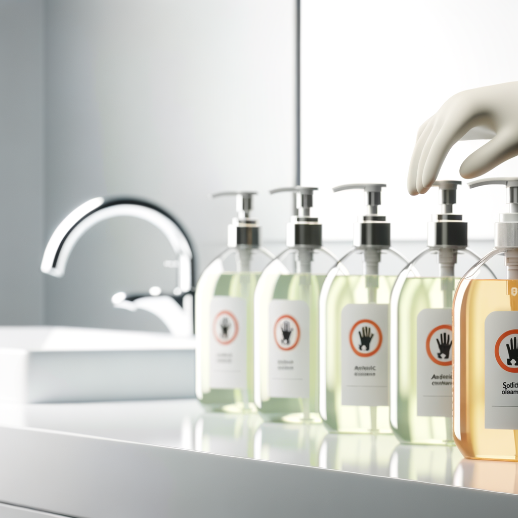 Hand sanitizers lined up on a modern bathroom counter.