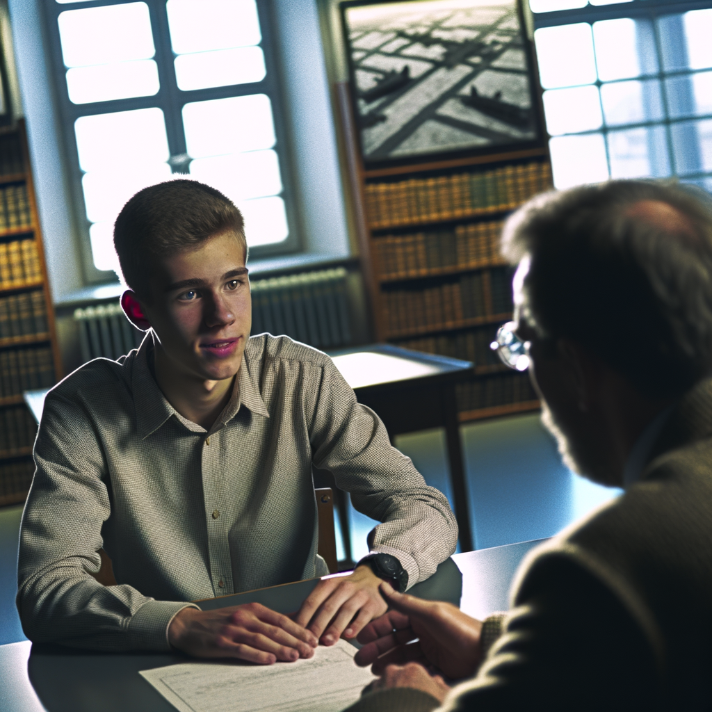 A young man seated at a table during an interview.