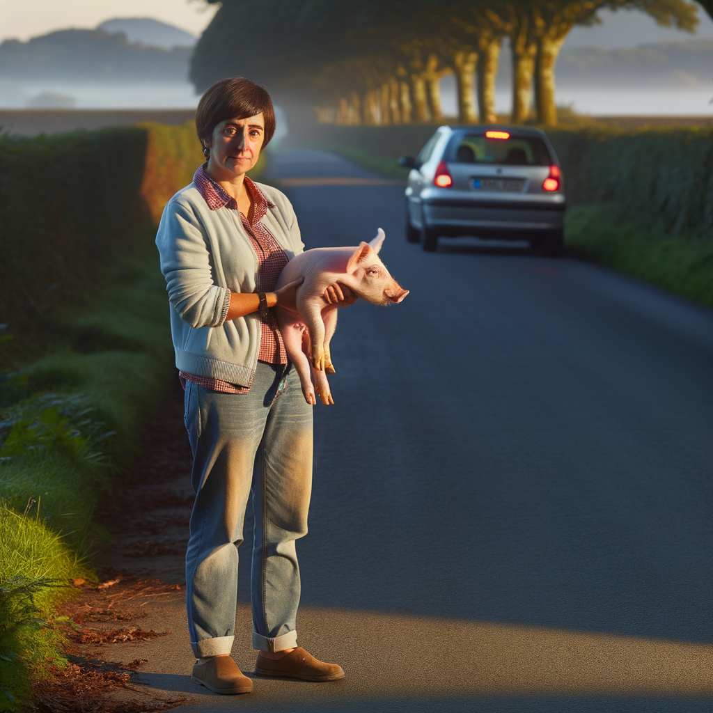 Person holding a pig on a quiet road.