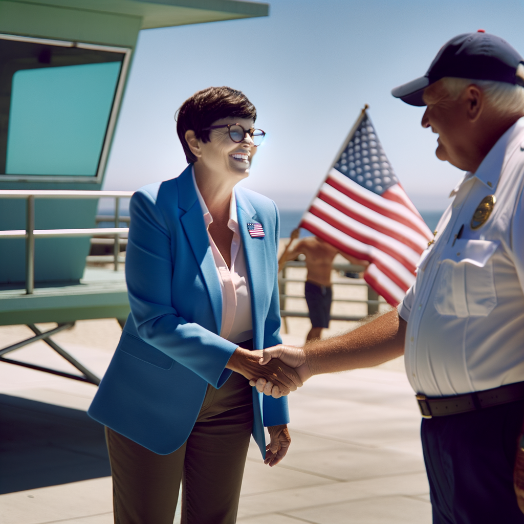 A woman shakes hands with a lifeguard by the beach.