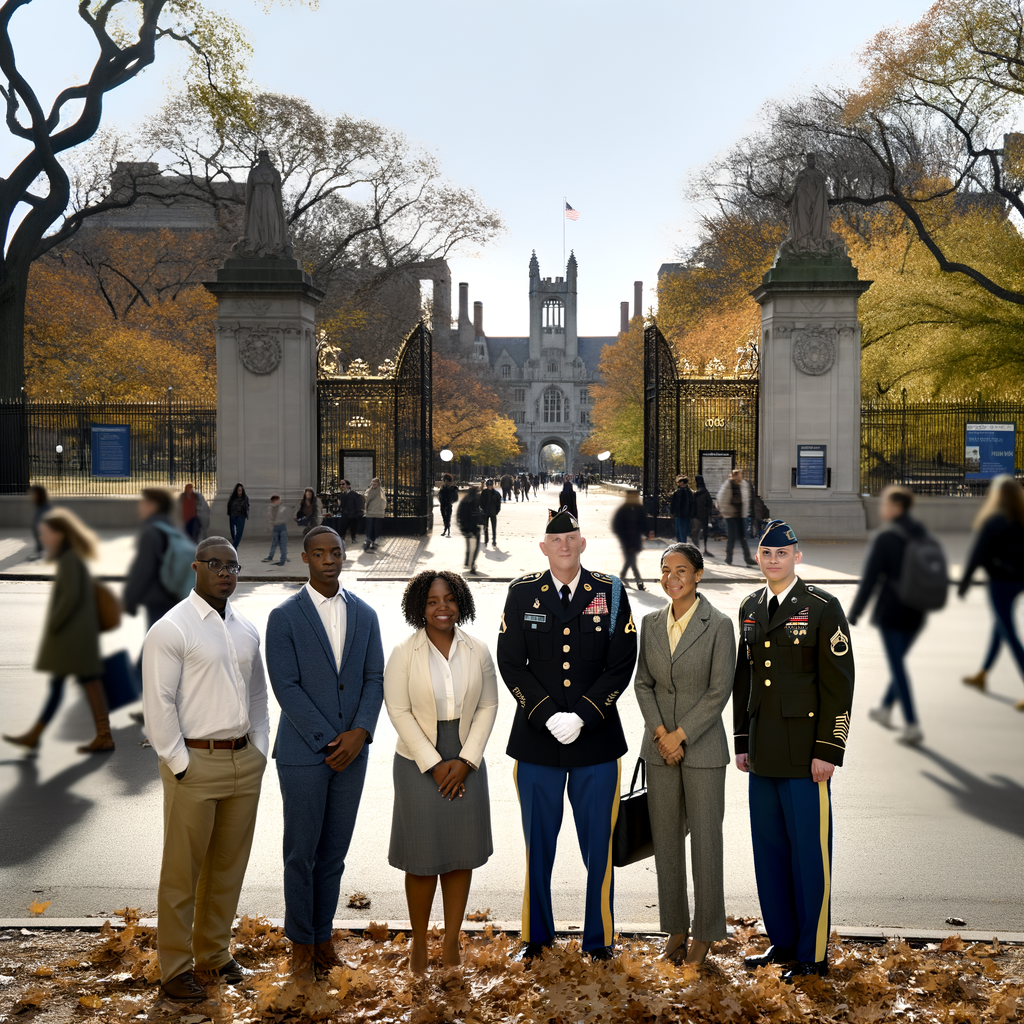 A group of professionals outside a university gate.