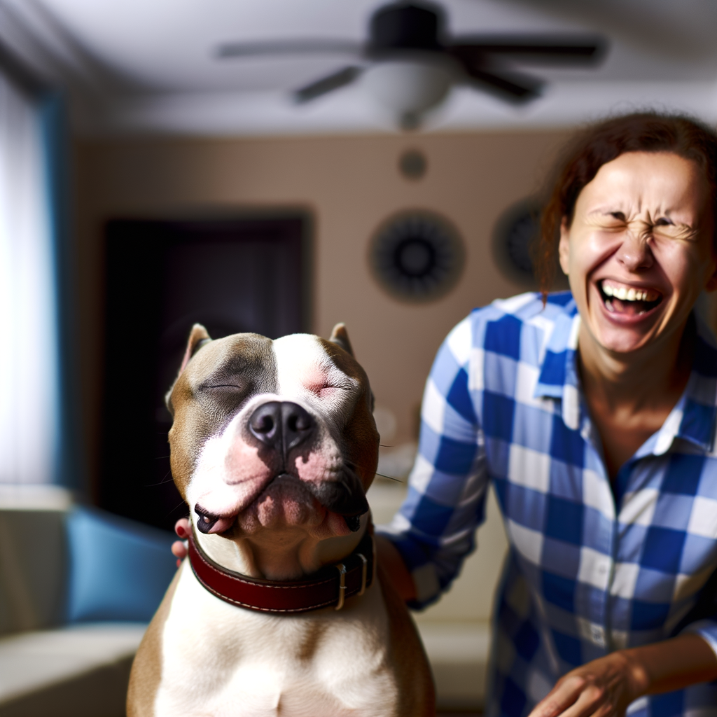 Woman laughing with a happy dog indoors.