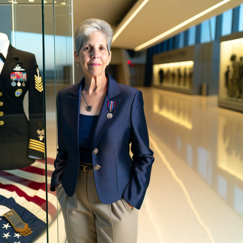 Woman in a navy blazer with military medals.