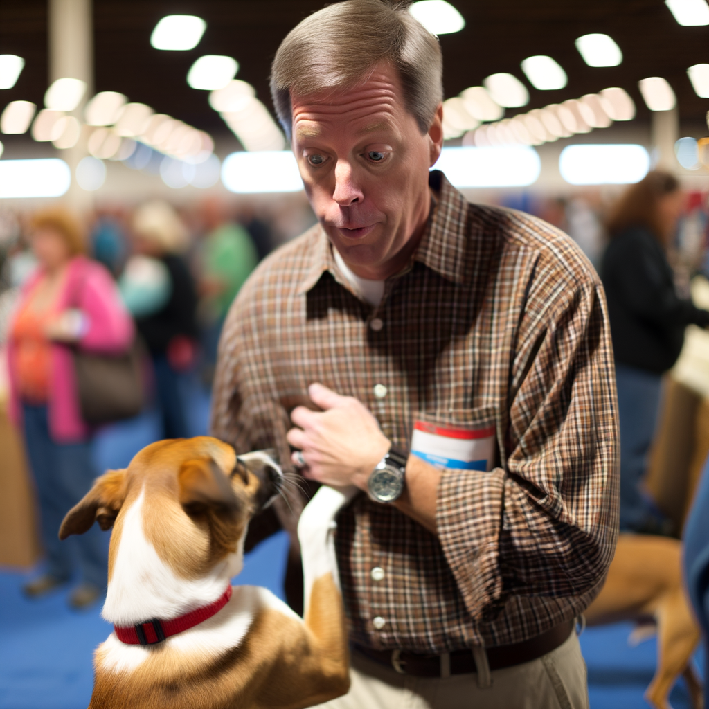 Man surprised by a dog at an event.