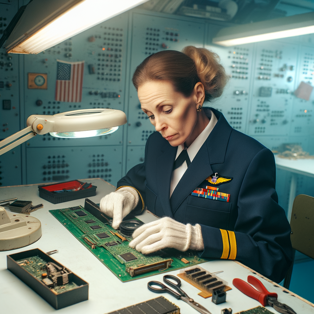 Woman in military uniform repairing circuit boards.