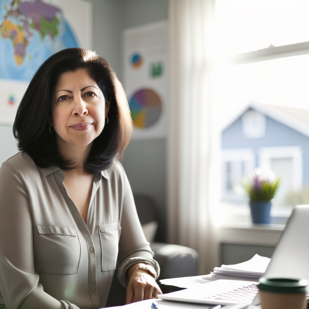 Woman smiling at her desk in a bright office.
