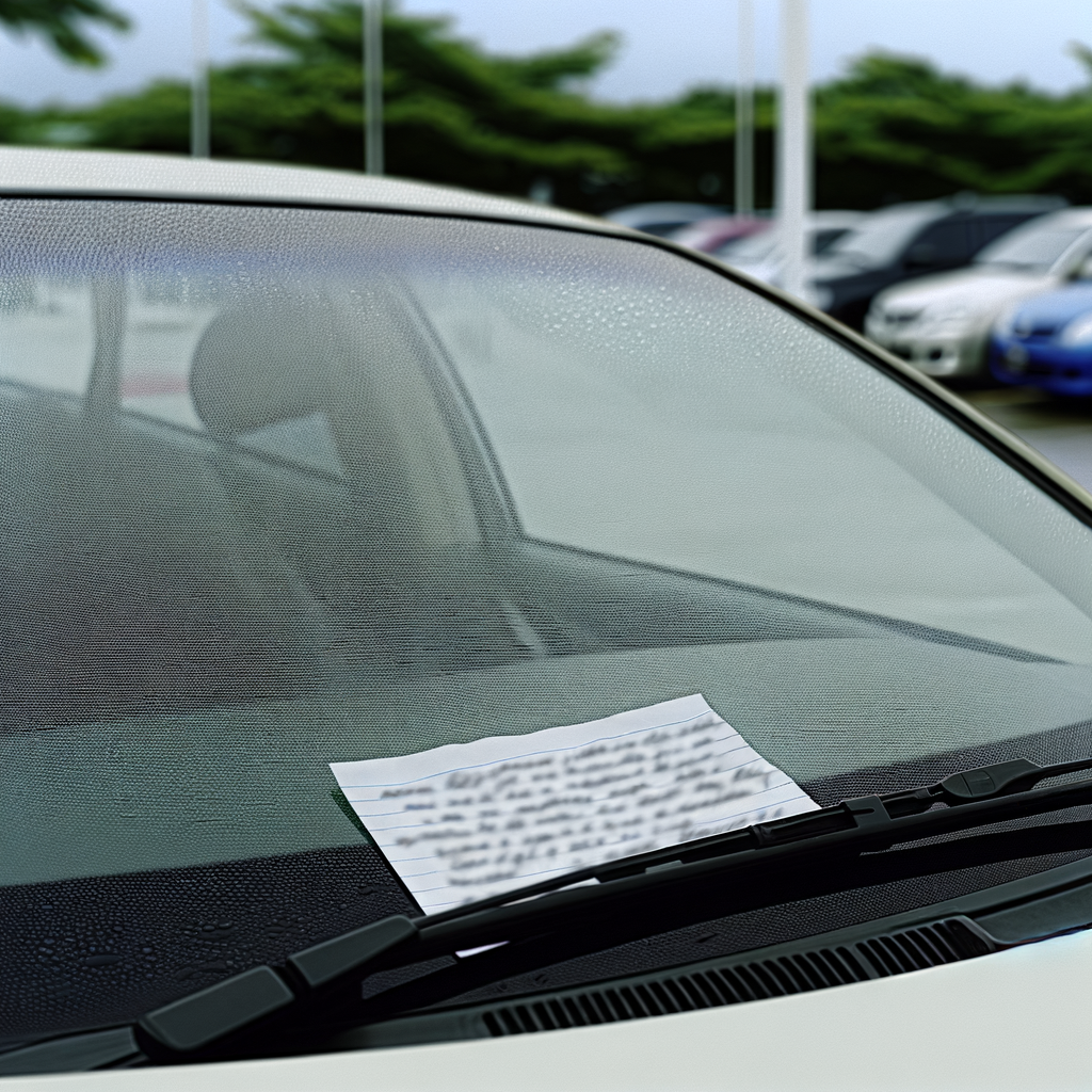 Note left on a car windshield in a parking lot.