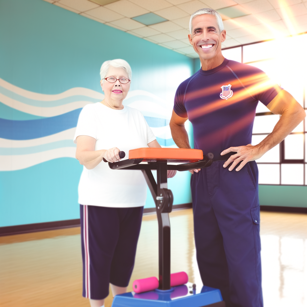 Senior woman and fitness trainer smiling together.
