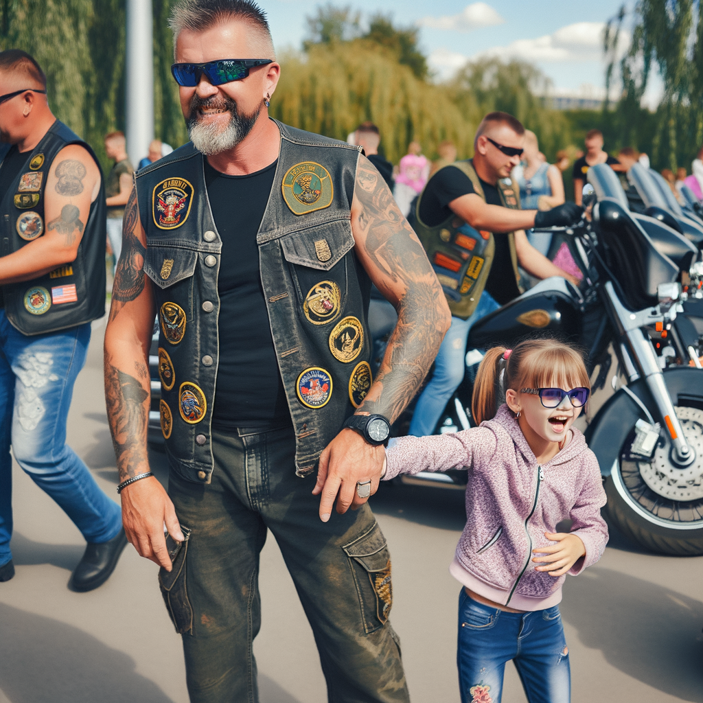 Biker smiling and enjoying time with a young girl.