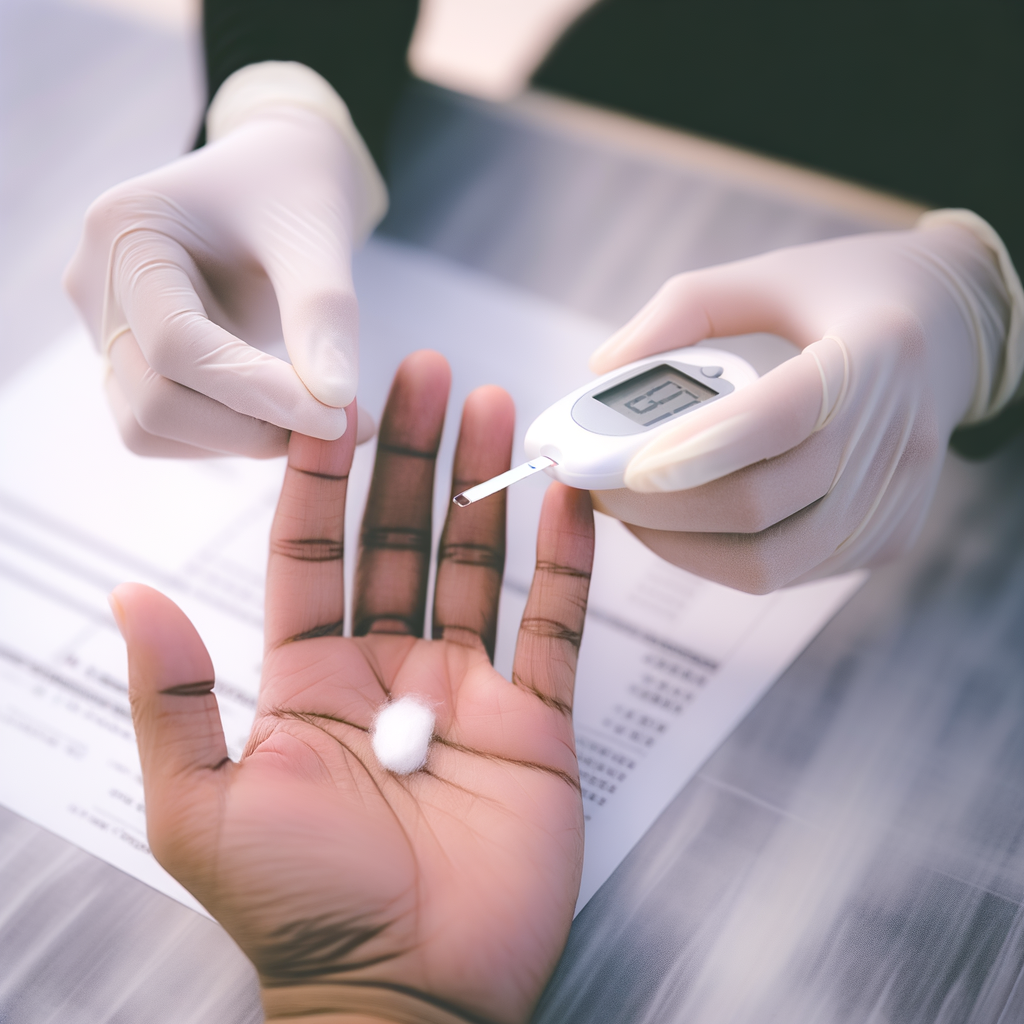 Measuring blood sugar with a glucometer on a hand.