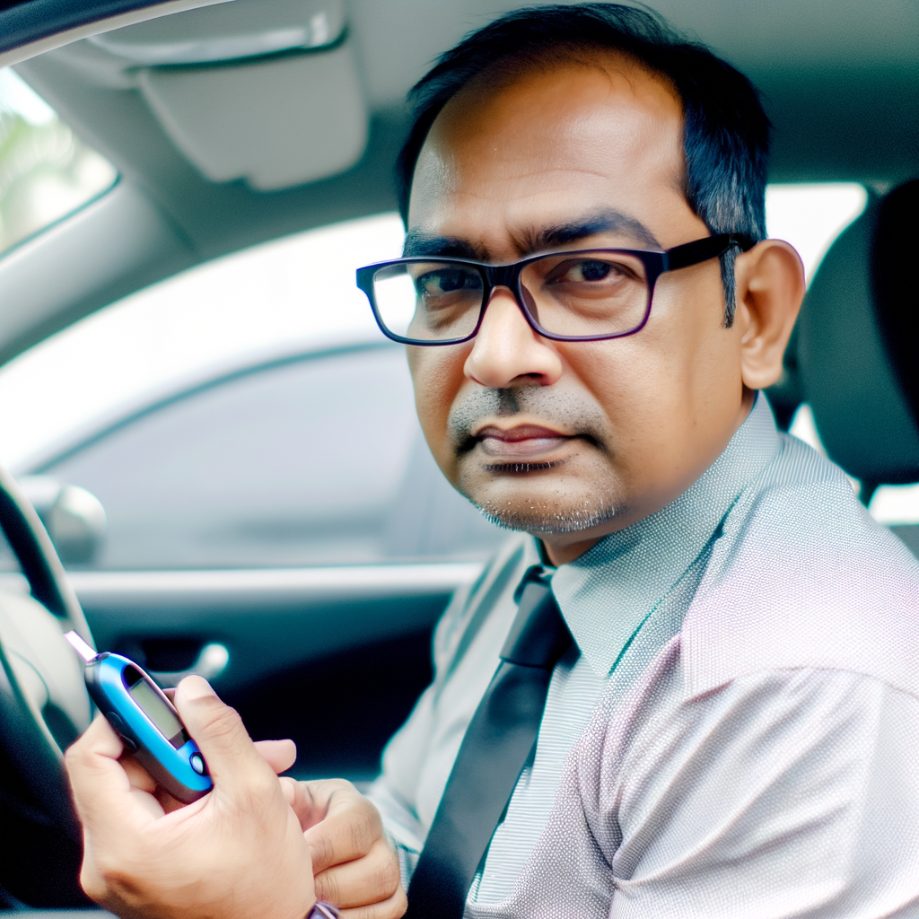 Man sitting in a car, holding a device.