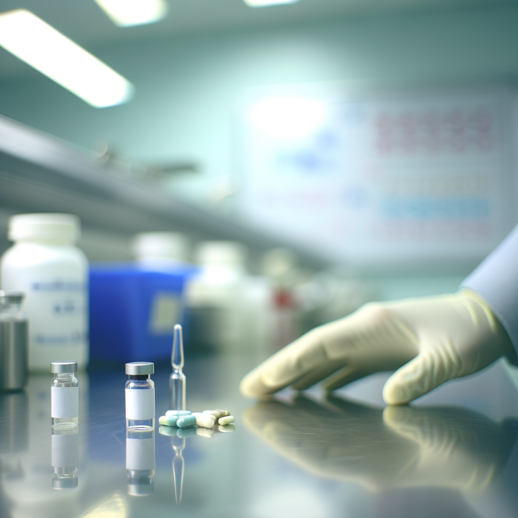 Laboratory table with various medical vials and pills.