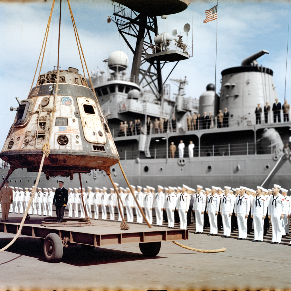 Astronaut capsule being recovered, sailors in formation.