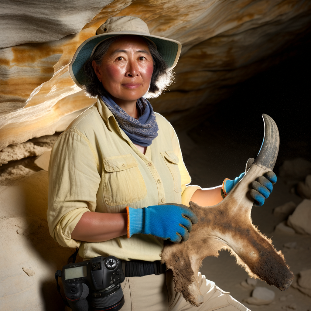 Person exploring a cave, holding a fossilized object.