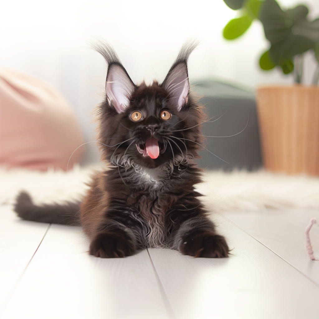 Playful black Maine Coon kitten with big ears.