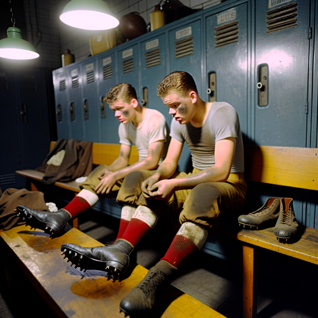 Two young athletes sitting in a locker room.