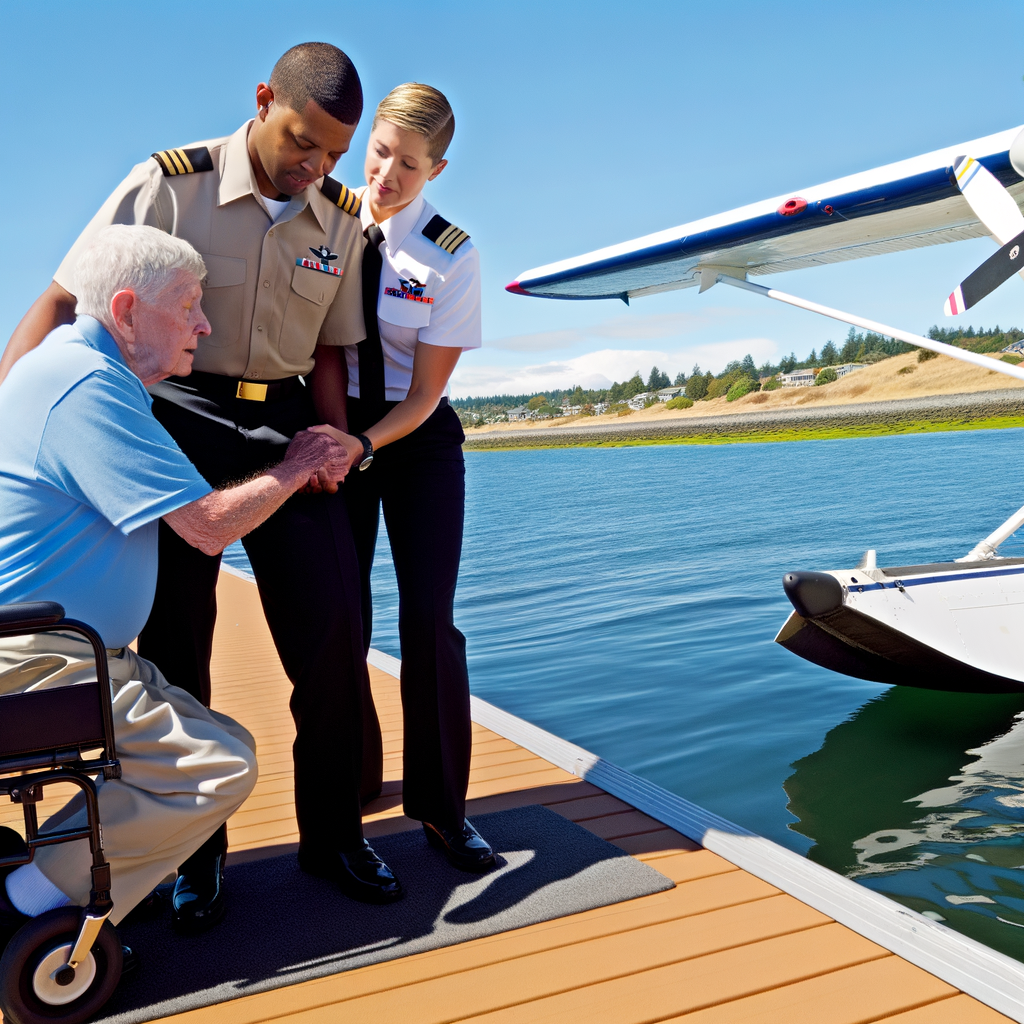 Service members assist an elderly man near water.