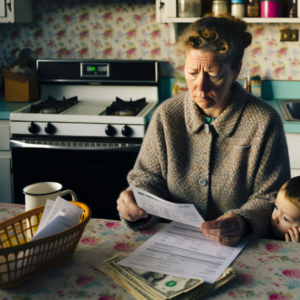 Woman worriedly reviewing bills at the kitchen table.