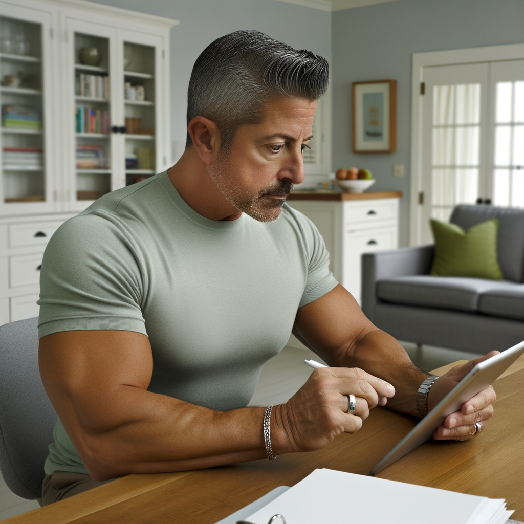 Man writing on a tablet at a wooden desk.