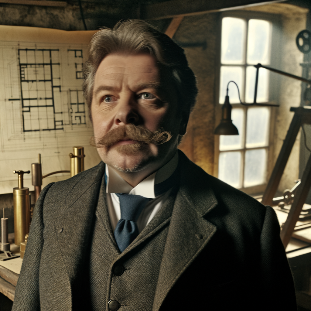 Man with a mustache in a vintage workshop.