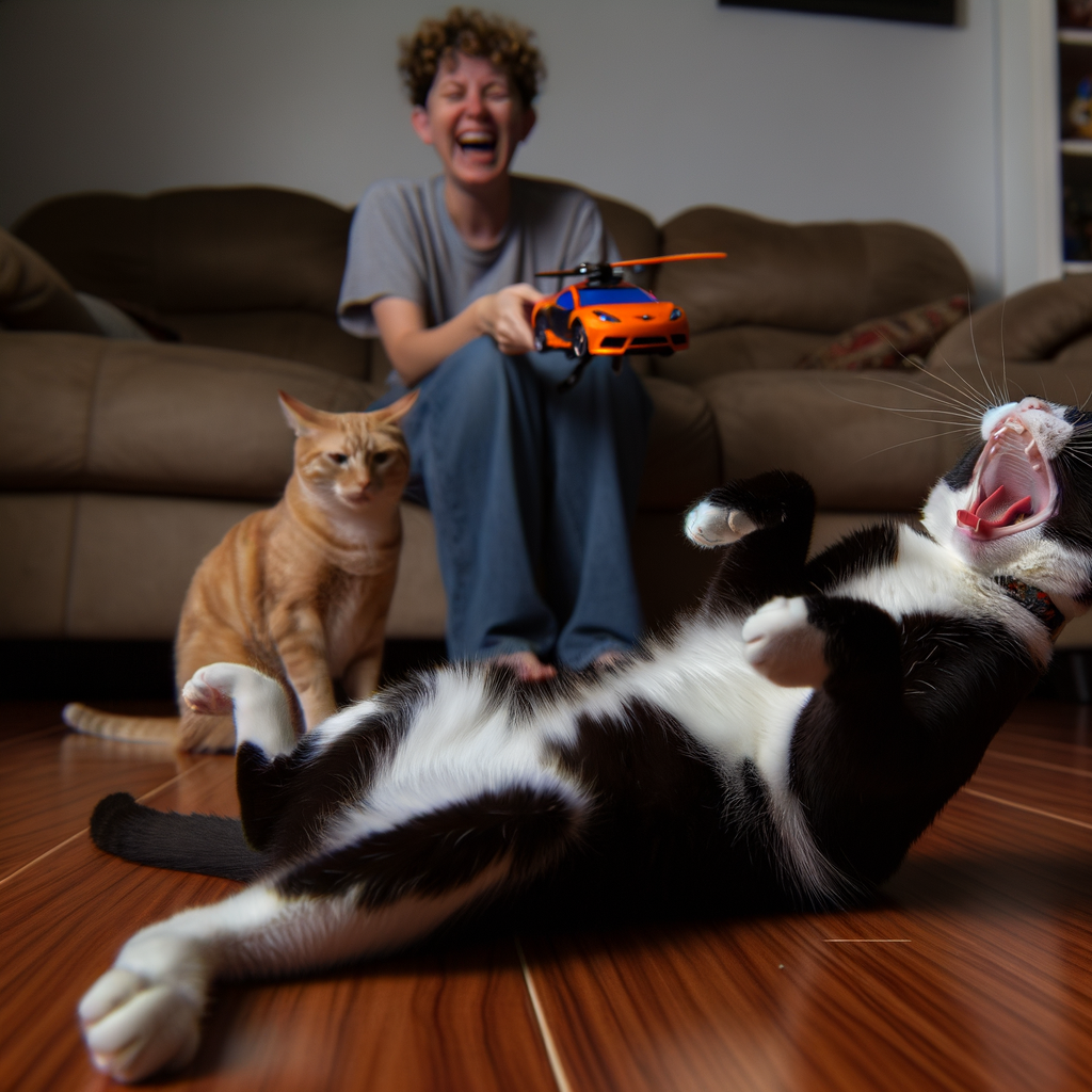 A person laughs while playing with two cats.