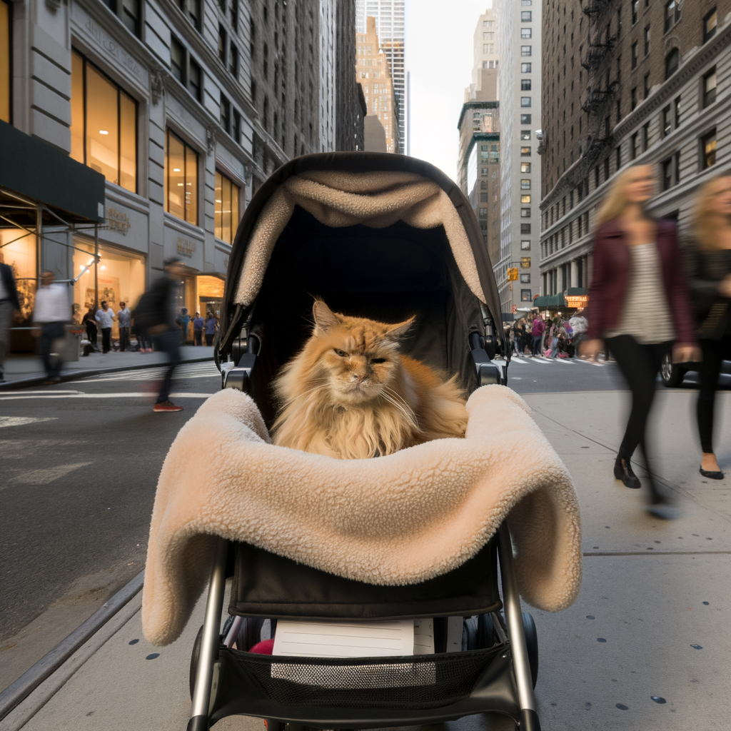 Cat relaxing in a stroller on a city street.