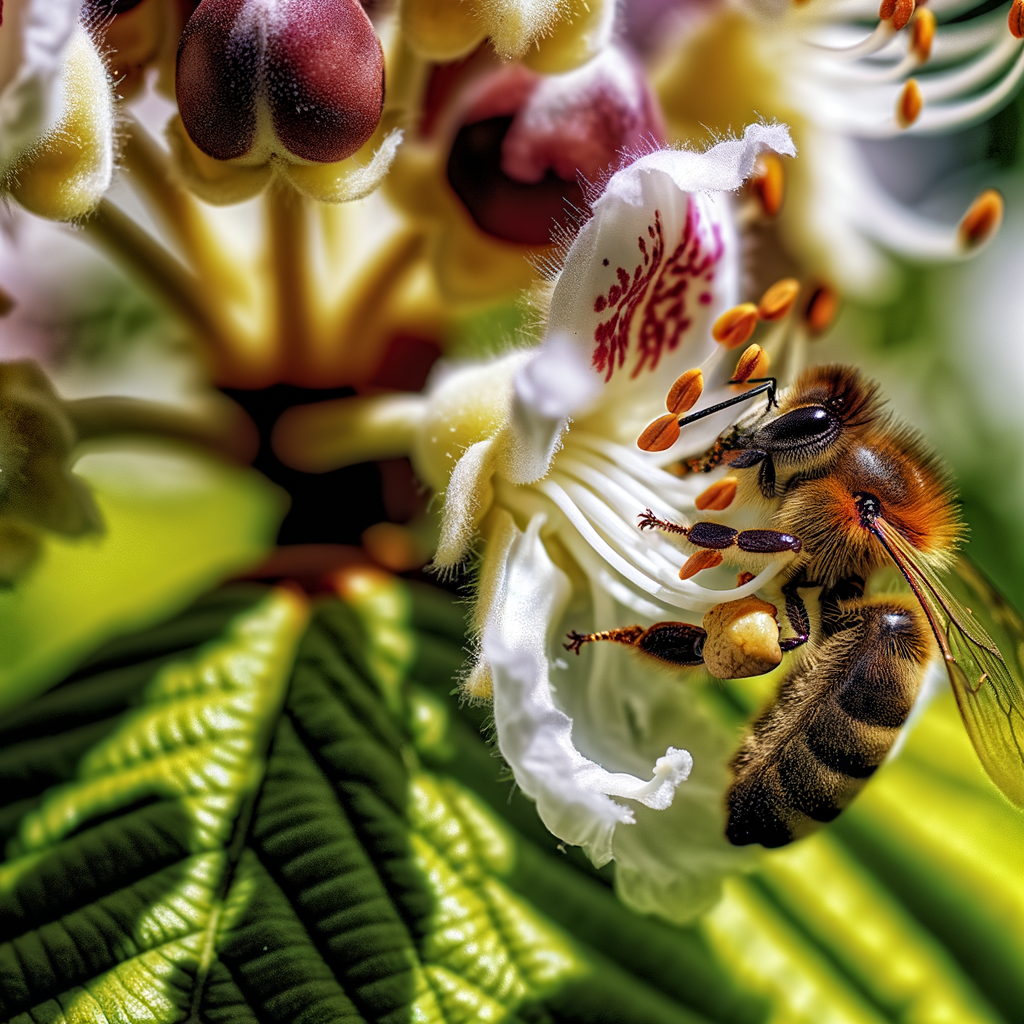 Bee collecting pollen from a white flower.