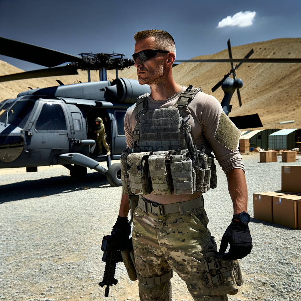 Soldier in tactical gear beside a helicopter.