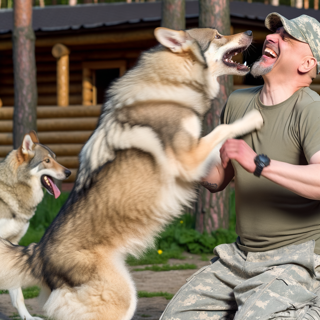 A man joyfully plays with two excited dogs.