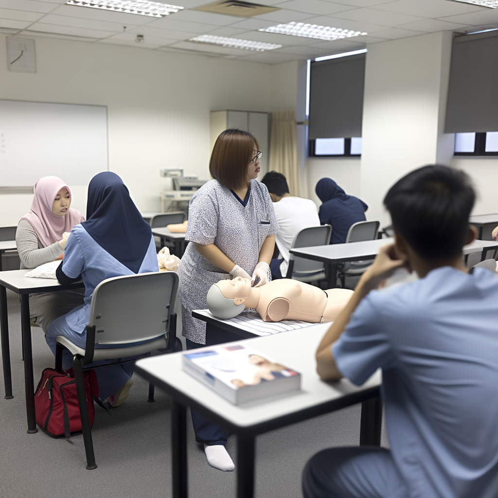 Students learning CPR with a mannequin in class.