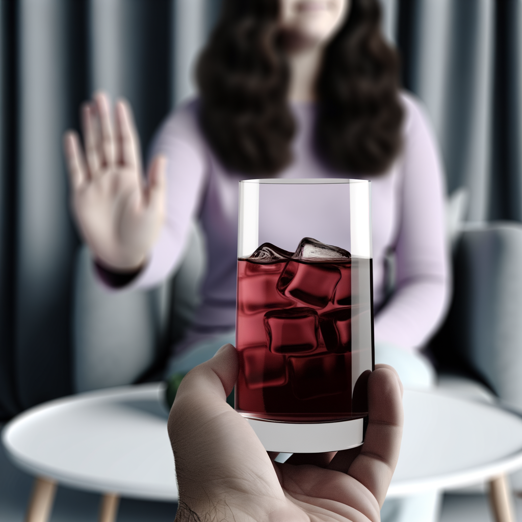 Person refusing a drink in a casual setting.