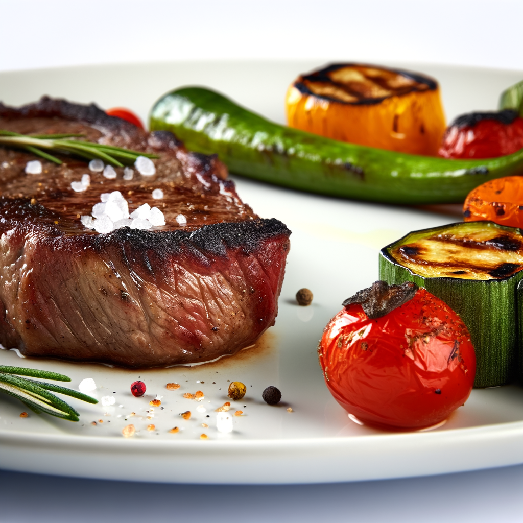 Grilled steak with roasted vegetables on a plate.