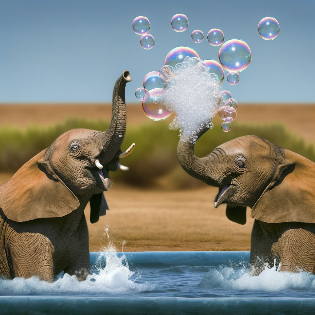 Two elephants playfully spraying bubbles in water.