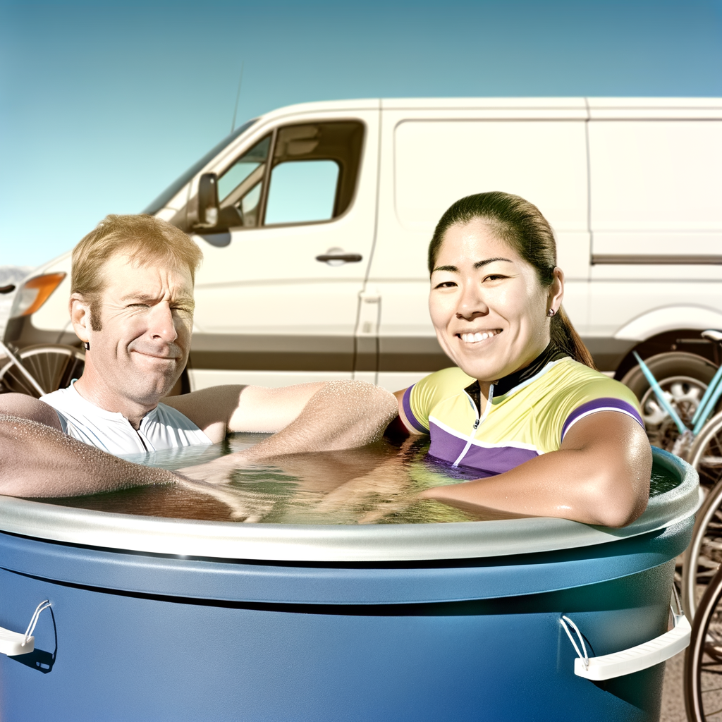 Two cyclists relaxing in a cool bath.