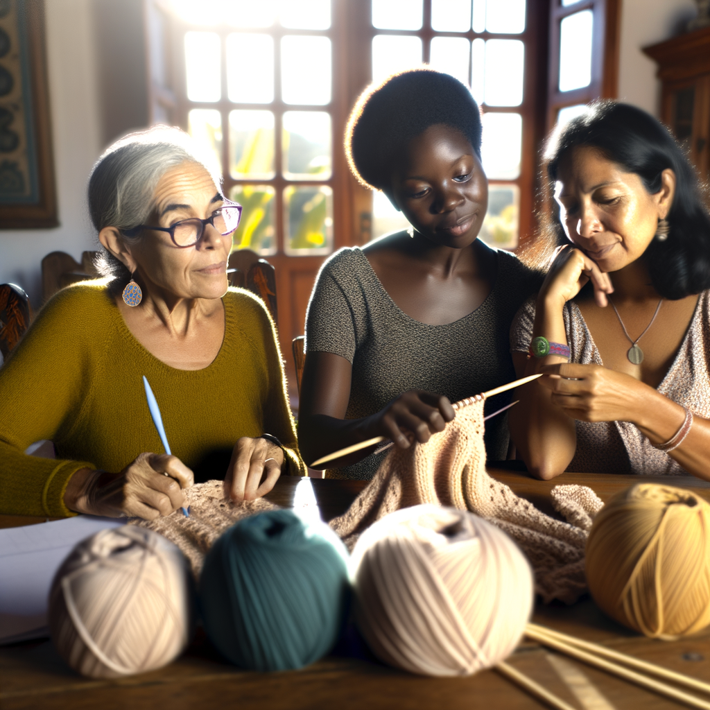 Three women knitting together, sharing a creative moment.
