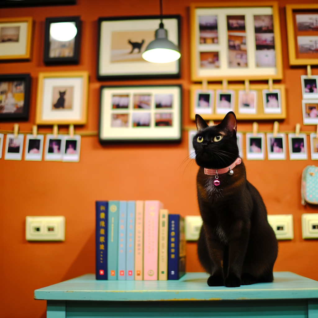A cat sitting on a table in a cozy room.