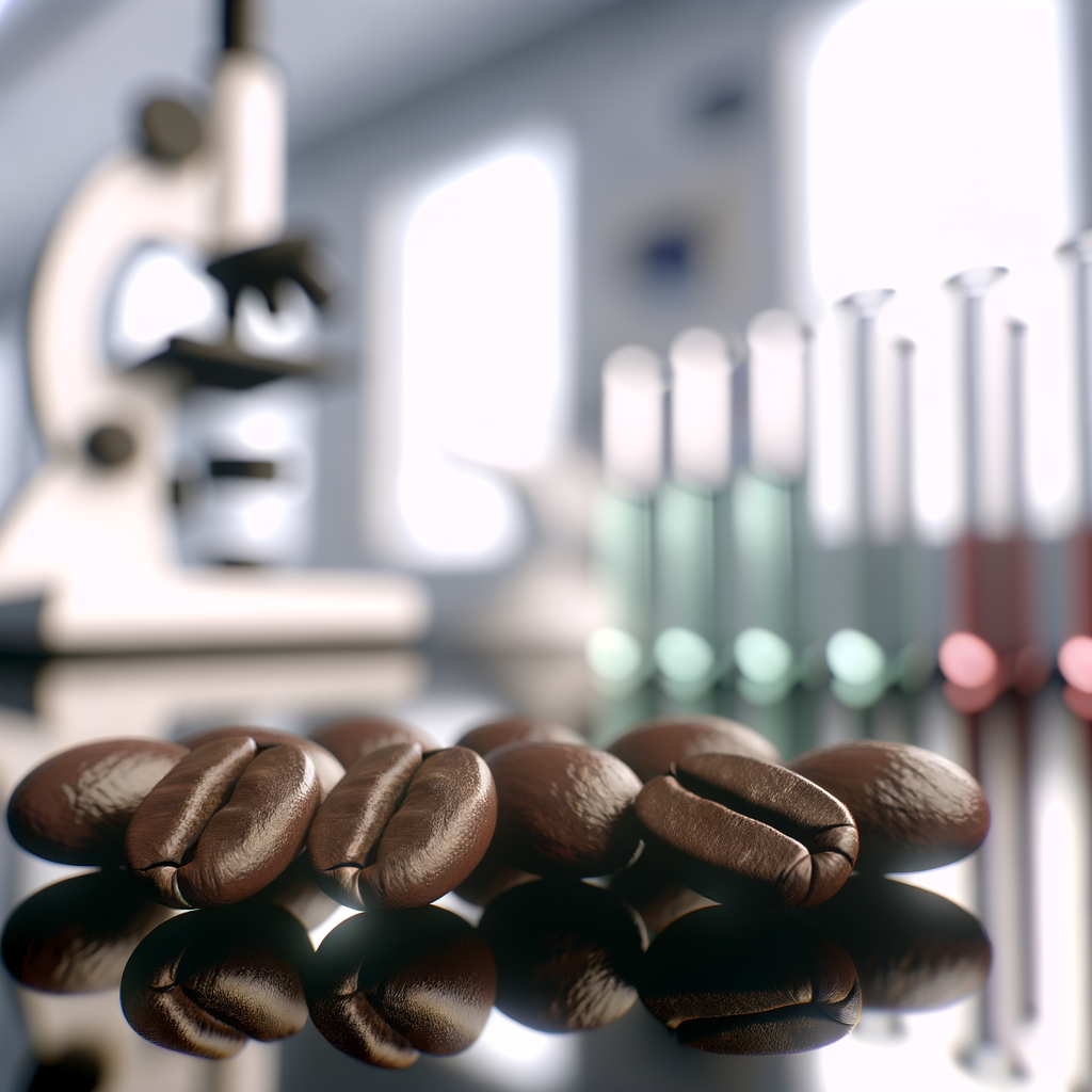Coffee beans in a lab with test tubes and microscope.