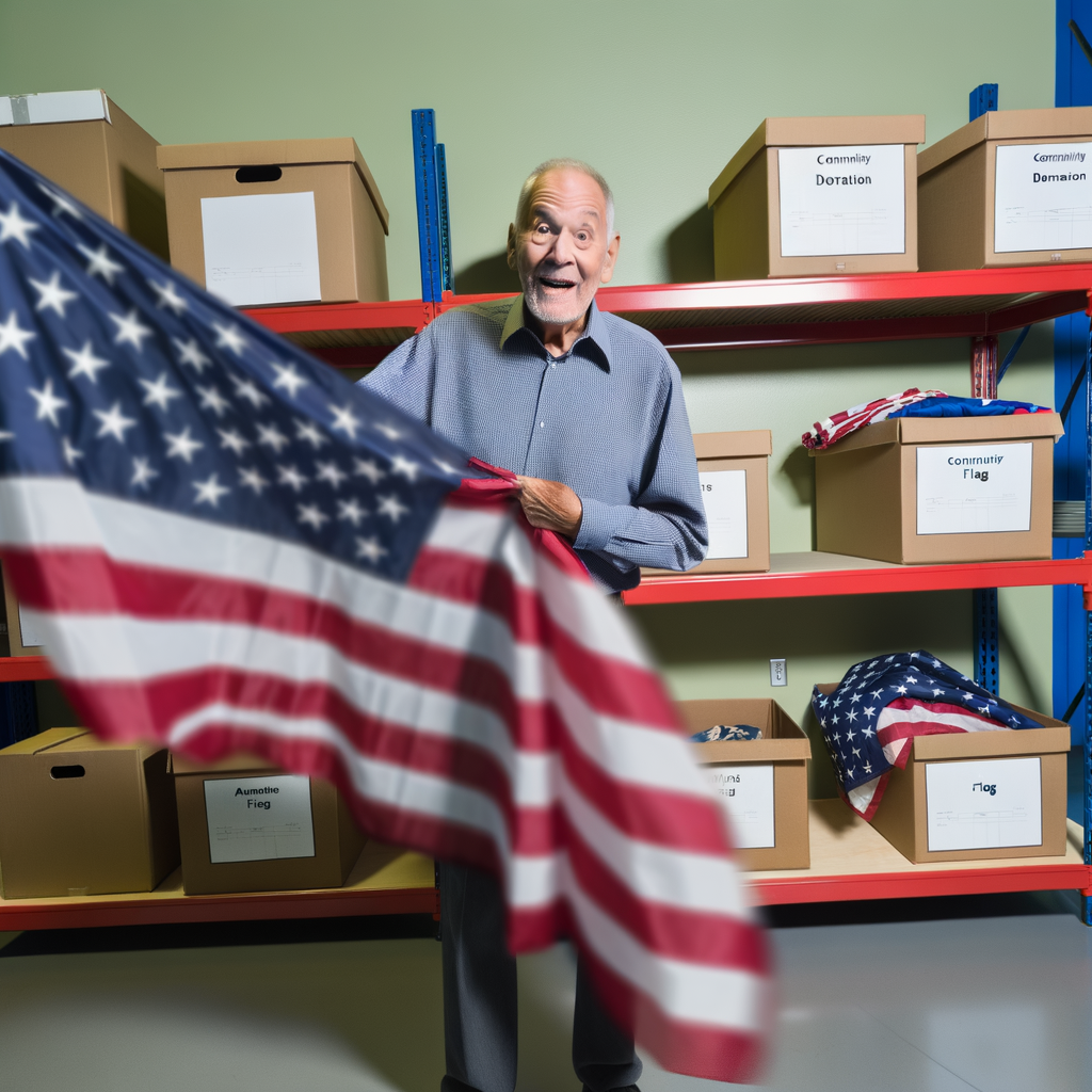 Elderly man happily holding an American flag in storage.